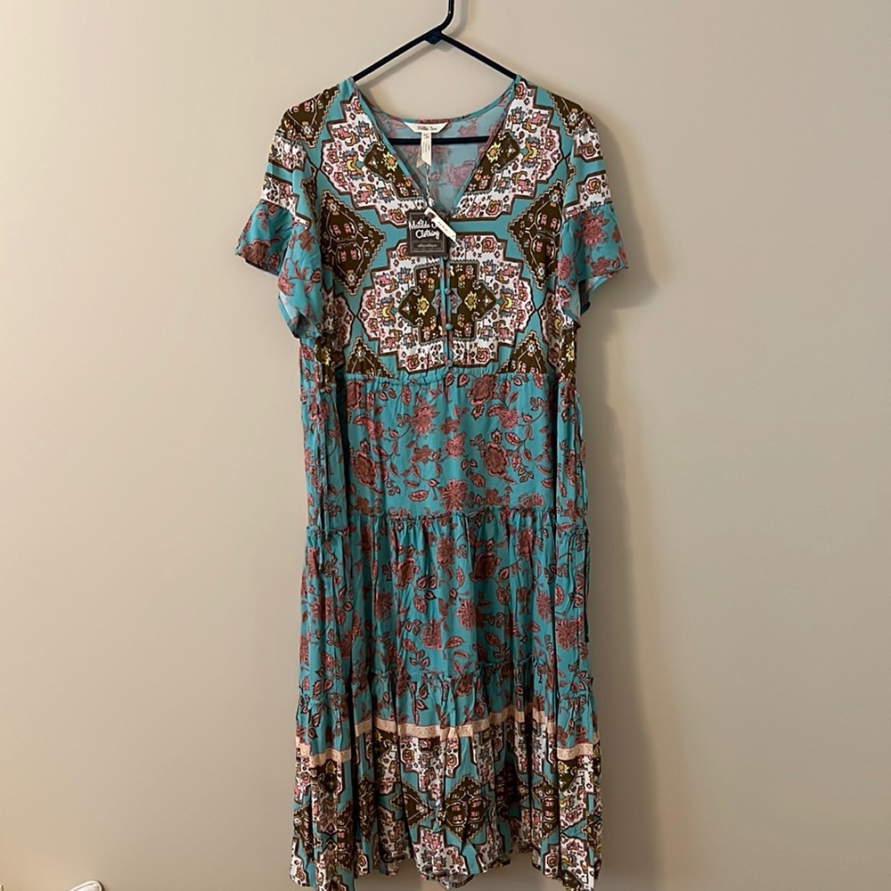 NWT Matilda Jane Dress, Turquoise with Brown Pink and Gold Accents, Size S